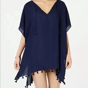 Dkny NAVY Chiffon Pom-Pom Caftan Swim Top Cover-up, US Large/X-Large